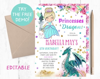 Princess and Dragon Birthday Invitation, Editable Template
