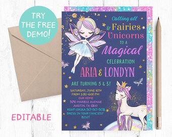 Fairy Unicorn Birthday Invitation, Printable 5x7 (PDF)