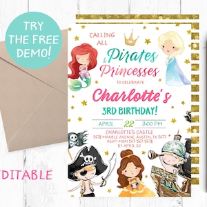 Princess and Pirate Invitation, Princess Pirate Birthday Party Invites, Princess Pirate Printable Invite, Princesses and Pirates Invitation,