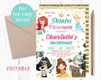 Prinzessin und Pirat Geburtstagsparty Einladung (Printable)