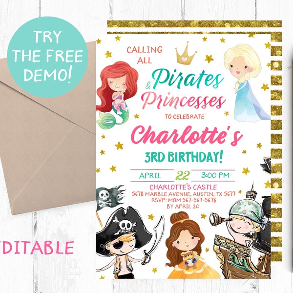 Princess and Pirate Invitation, Princess Pirate Birthday Party Invites, Princess Pirate Printable Invite, Princesses and Pirates Invitation,