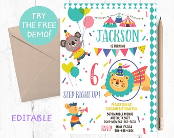 Circus Birthday Invitation, Editable Animals Party Invite (5x7 inch)