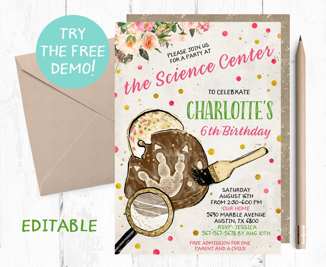 Science Center Party Invitation, Museum Party Invitation, Dinosaur