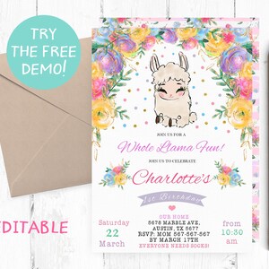 Editable Llama Invitation Instant Download, Llama Editable Template, Whole Llama Fun Invitation, Cute Llama Birthday Party, Llama Invite,