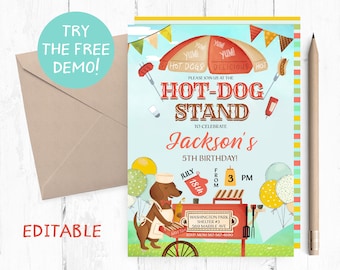 Editable Hot Dog Stand Birthday Invitation (5x7 inches)