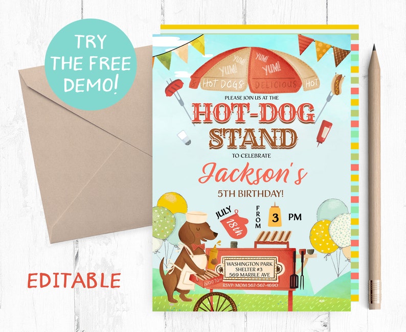 Editable Hot Dog Invitation Hot Dog Invitation Instant Hot Dog Instant Template Hot Dog Stand Invitation Hot Dog Birthday