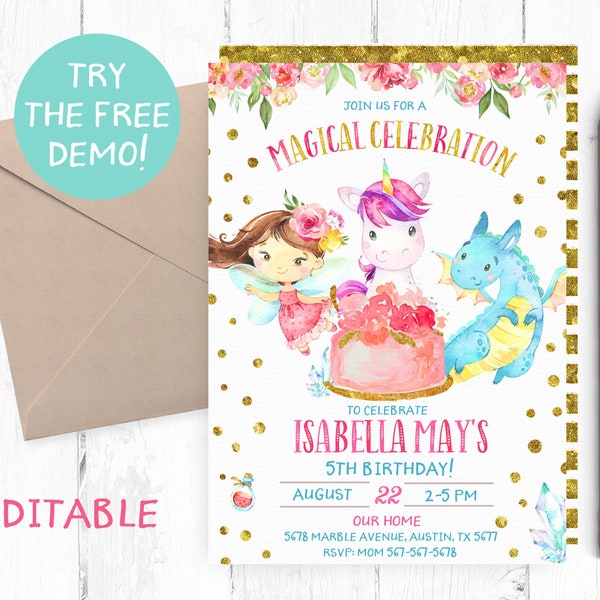 Editable Magical Invitation, Fairies Unicorn Dragon Invitation, Enchanted Forest Template, Magical Invitation Template, Fairy Dragon Unicorn