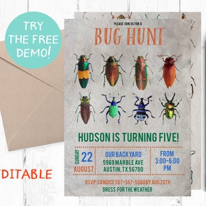 May include: A party invitation with a bug theme. The invitation features colorful illustrations of various insects and the text "Bug Hunt." The invitation includes the text "Hudson is turning five!" and event details. A pencil and envelope are also in the image.