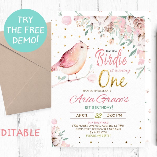 Editable Birdie First Birthday Invitation, Bird First Birthday Party, Little Birdie Invite, Birds Invitations, Birds Editable Template,