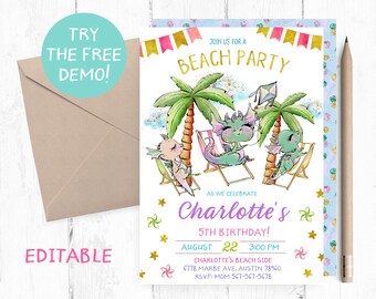 Beach Birthday Party Invitations, Beach Birthday Invitation, Beach Dragons Invitation, Beach Party Invites, Beach Party Invite, Beach Dragon
