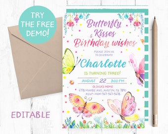 Editable Butterflies Invitation, Butterfly Kisses and Birthday Wishes Invitation, Butterfly Invitation Instant Download, Butterfly Party,