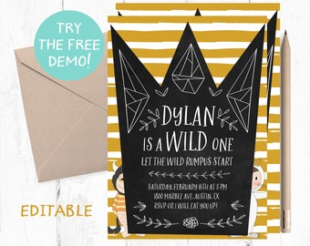Wild One Birthday Invitation, First Birthday Party (Digital Download)