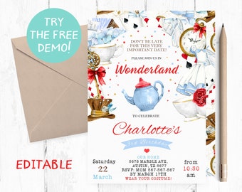 Editable Wonderland Invitation, Alice in Wonderland Invitation, Wonderland Tea Party Invitation, Wonderland Tea Party Instant Template,