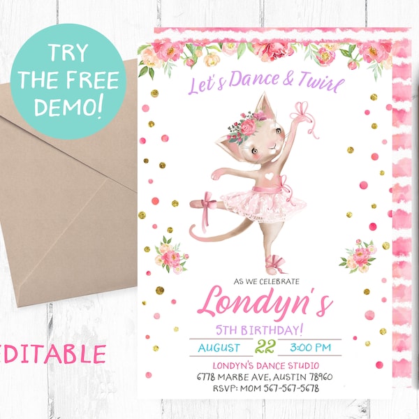 Kitten Ballerina Invitation, Kitten Ballerina Birthday Party Invitations, Cat Ballerina Invitations, Cat Dancing Party Invites, Digital.