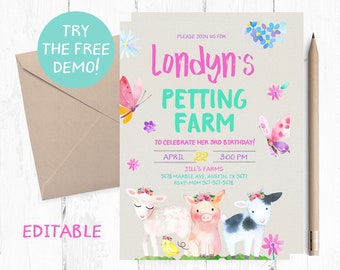 Editable Petting Farm Birthday Invitation Template (5x7in)