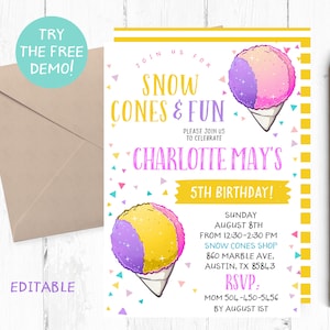 Editable Snow Cone Birthday Invitation, Snow Cone Editable Template, Snow Cone Instant Invitation, Snow Cone Instant Template, Printable,