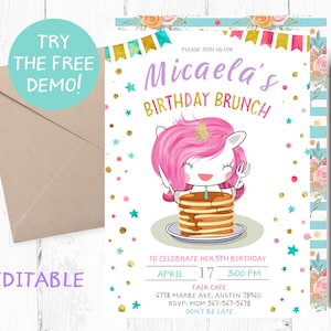 Unicorn Birthday Brunch Invitation, Birthday Brunch Birthday Party, Brunch Party Invitations, Unicorn Brunch Party Invite, Brunch Printable,
