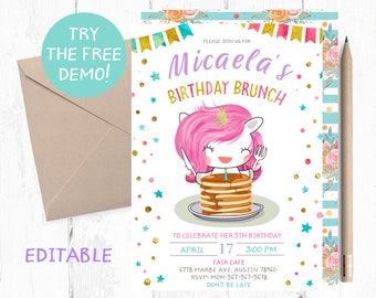 Unicorn Birthday Brunch Invitation, Editable Party Invite (5x7 inches)