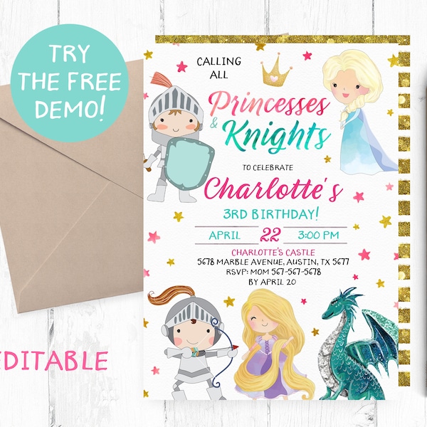 Editable Princesses and Knights Invitation, Princess Knight Invitation, Princess Knight Birthday Party, Princesses Knight Editable Template,