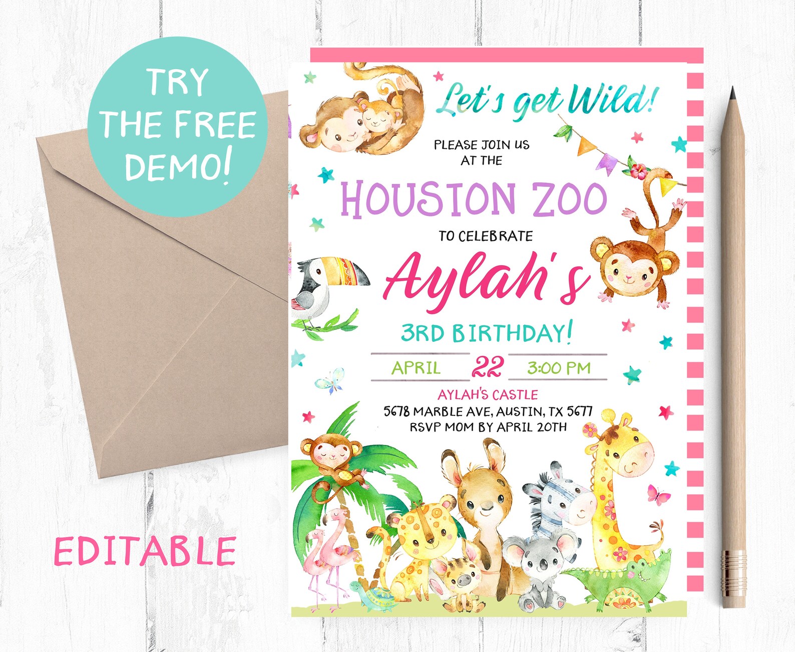 Zoo Invitation Girl Zoo Animals Invitations Jungle Animals Etsy