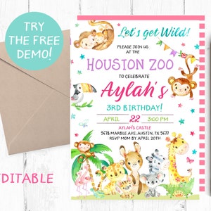 Zoo Invitation Girl, Zoo Animals Invitations, Jungle Animals Birthday Party, Zoo Printable Invitation, Zoo Invites, Girl Zoo Birthday Party,