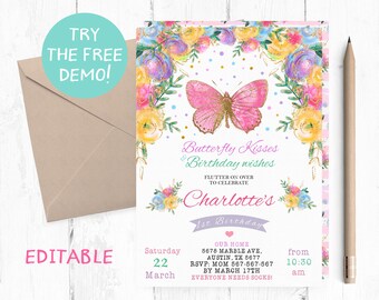 Editable Butterfly Birthday Invitation Template (5x7 inches)