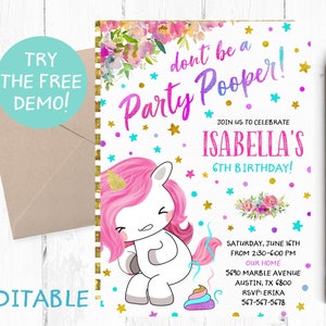 Editable Unicorn Party Pooper Invitation, Unicorn Poop Invitation, Party Pooper Instant Download, Party Pooper Printable, Funny Unicorn, image 1