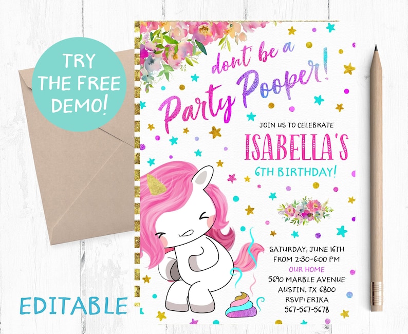 Editable Unicorn Party Pooper Invitation, Unicorn Poop Invitation, Party Pooper Instant Download, Party Pooper Printable, Funny Unicorn, image 1