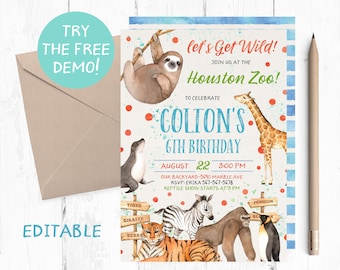 Zoo Birthday Invitation, Watercolor Animals, Boy Party (Printable)