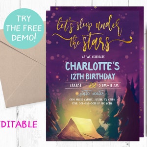 May include: Purple invitation with gold lettering for a 12th birthday party. The invitation says "Let's sleep under the stars" and features a cartoon illustration of a campfire and tent in a forest.