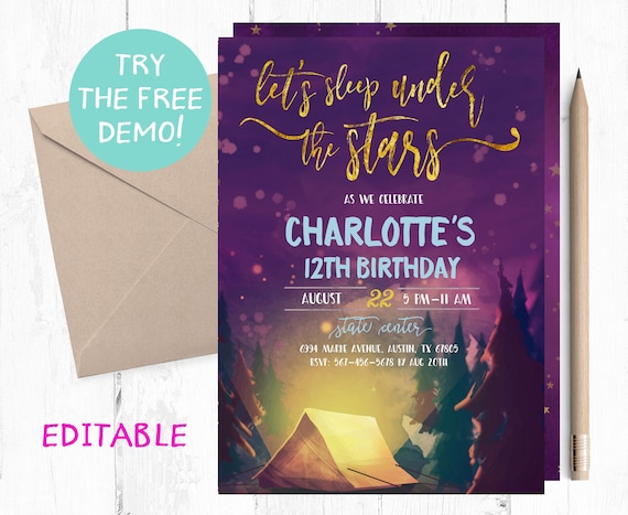Under the Stars Birthday Invitation, Camping Sleepover (PDF)