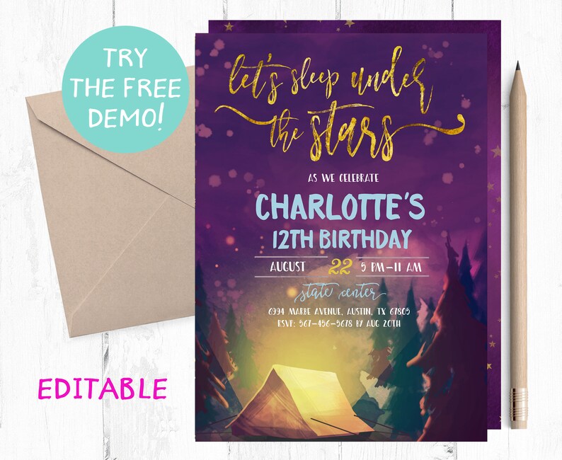 May include: Purple invitation with gold lettering for a 12th birthday party. The invitation says "Let's sleep under the stars" and features a cartoon illustration of a campfire and tent in a forest.