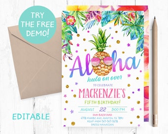 Editable Aloha Pineapple Invitation, Luau Pineapple Invitation, Aloha Pineapple Template, Pineapple Hawaiian Party Editable Template,