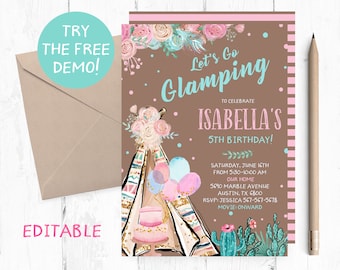 Editable Glamping Teepee Invitation, Teepee Glamping Instant Template, Glamping Editable Template, Glamping Birthday Party, Teepee Invite,