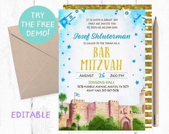 Bar Mitzvah Invitation, Watercolor Jerusalem, Blue Stars (Digital Download)