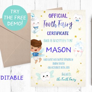May include: A printable tooth fairy certificate with a cartoon tooth fairy and a boy. The certificate reads "Official Tooth Fairy Certificate" and "This is to certify that Mason has lost his super sparkly baby tooth on October 30th, 2021. Signed, the Tooth Fairy."