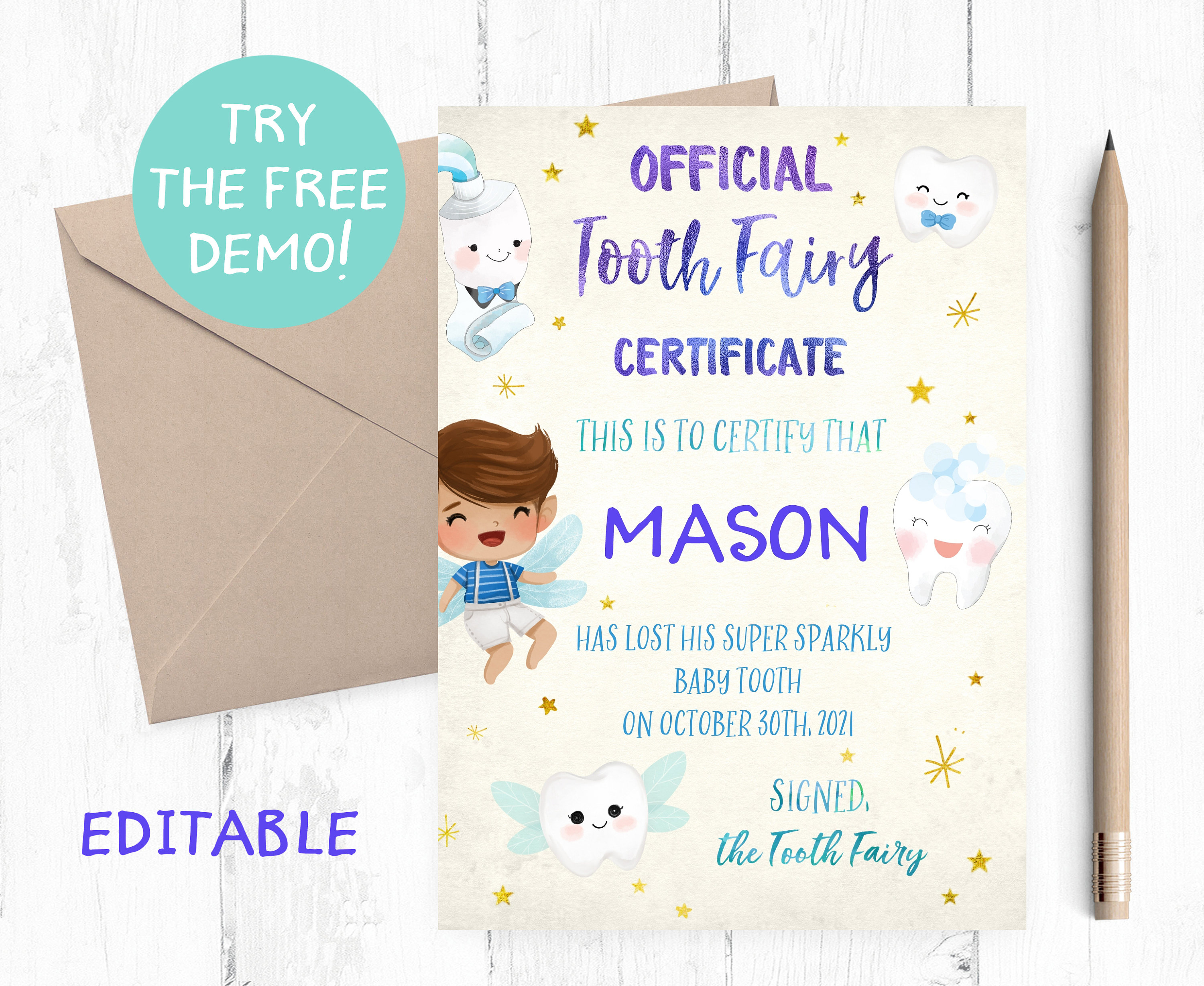 EDITABLE Brunette Boy Tooth Fairy Set Tooth Fairy Editable - Etsy