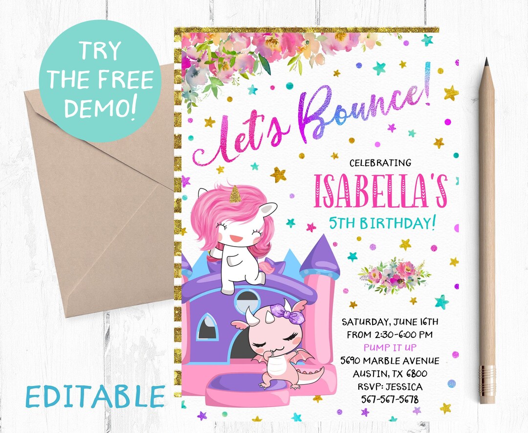 Editable Bounce Invitation, Bounce Template Invitation, Unicorn Bounce ...