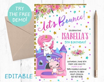 Unicorn Bounce Birthday Invitation, Editable Party Invite (5x7 inch)