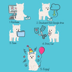 Puede incluir: Una ilustraci&oacute;n de dibujos animados sobre un fondo turquesa muestra a un perro blanco realizando pasos: comprar, descargar, guardar, imprimir y disfrutar. El perro se muestra con un gorro de fiesta y un globo rosa. El texto incluye "Purchase", "Download from Google drive", "Save", "Print, Cut", y "Enjoy!"