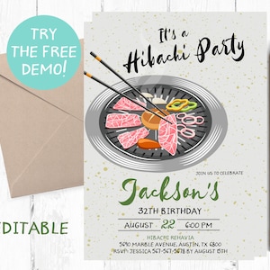 Invitación Hibachi editable, Plantilla de fiesta de cumpleaños Hibachi, Plantilla de invitación Hibachi, Invitación a barbacoa coreana, Man Hibachi Instant,