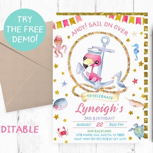 Flamingo Nautical Invitations, Flamingo Nautical Birthday Party Invitation, Flamingo Nautical Party, Nautical Flamingo Birthday Digital,