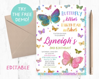 Butterfly Kisses and Birthday Wishes Invitations, Butterflies Invitations, Butterfly Birthday Party Invitation, Butterfly Invites, Invite