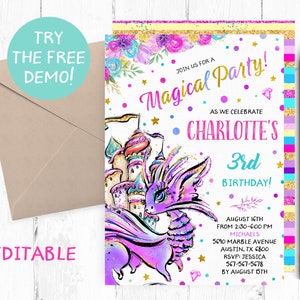 Bearbeitbare lila Drachen Einladung, Mädchen Drachen Geburtstag Party Einladung, Mädchen Drachen Einladung Instant Download, Dragon Party einladen,