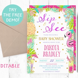 Editable Luau Sip and See Baby Shower Invitation, Sip and See Baby Shower Instant Download, Sip and See Hawaiian, Sip and See Aloha Party,