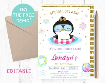 Winter Pool Party Invitation, Penguin Birthday (Digital Download)