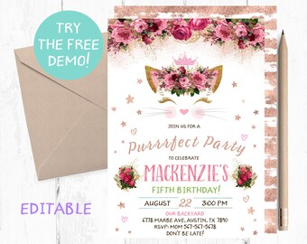 Kitten Invitation, Kitten Birthday Invitation, Kitten Invitations, Kitten Birthday Party Invitations, Kitten Birthday Party Invites, Cat,