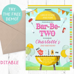 Editable Bar-Be-TWO Invitation, BBQ Second Birthday Party Invitation, BBQ 2nd Birthday Invite, Girl Barbecue Birthday Party Template, Invite