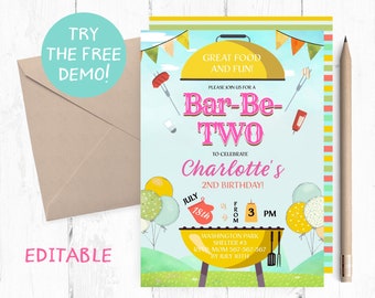 Editable Bar-Be-TWO Invitation, BBQ Second Birthday Party Invitation, BBQ 2nd Birthday Invite, Girl Barbecue Birthday Party Template, Invite