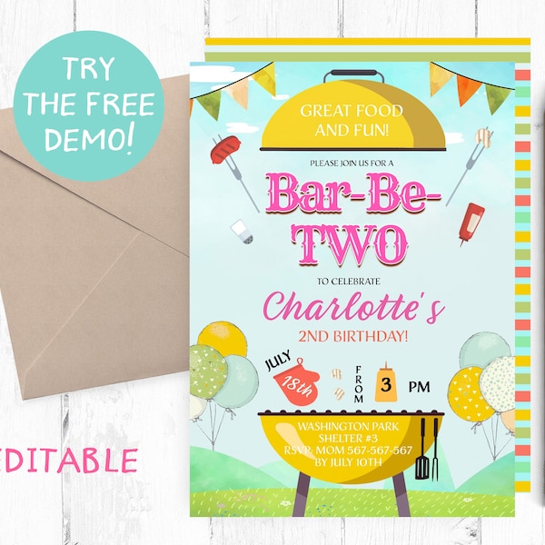 Editable Bar-Be-TWO Invitation, BBQ Second Birthday Party Invitation, BBQ 2nd Birthday Invite, Girl Barbecue Birthday Party Template, Invite